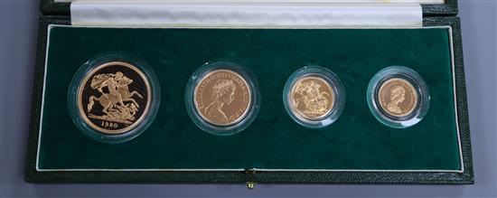 A cased Royal Mint 1980 gold proof set £5, £2, sovereign and half sovereign, with certificate.